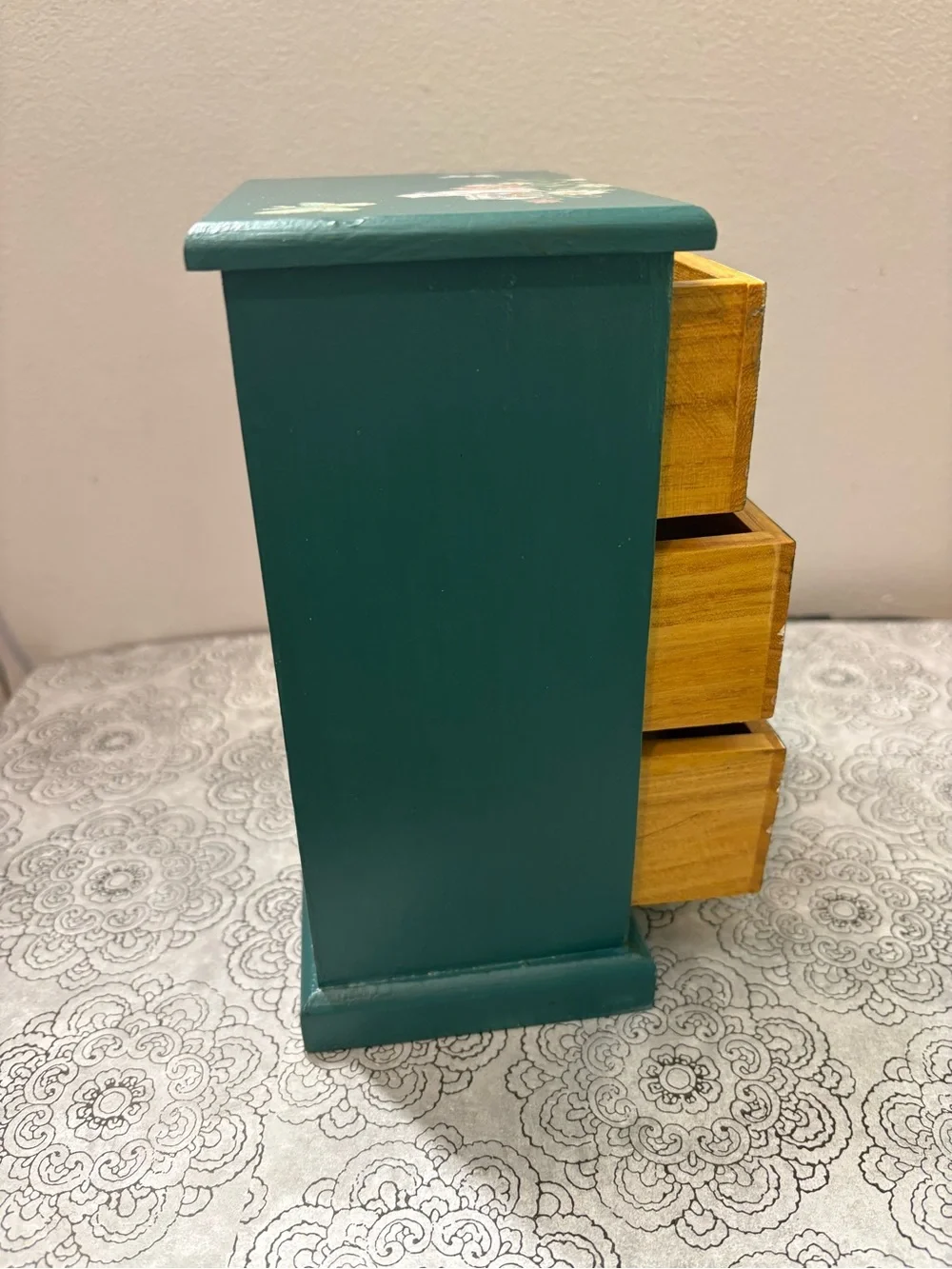 Teal Jewelry Chest with Cat & Bird Motif